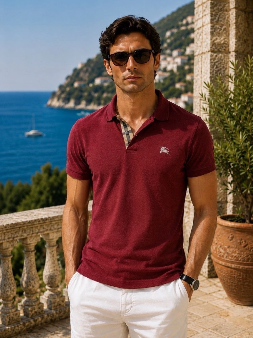 Burberry Brit Men Size XS Burgundy Piqué Polo Short Sleeve Two Button Shirt